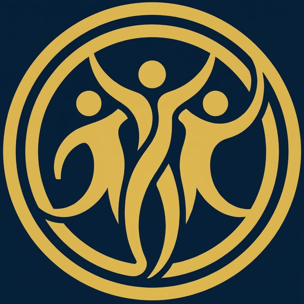 Golden community unity logo design Golden emblem with three abstract human figures inside a circle symbolizing community and togetherness