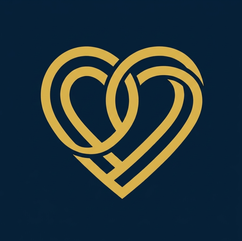 Golden emblem with three abstract human figures inside a circle symbolizing community and togetherness