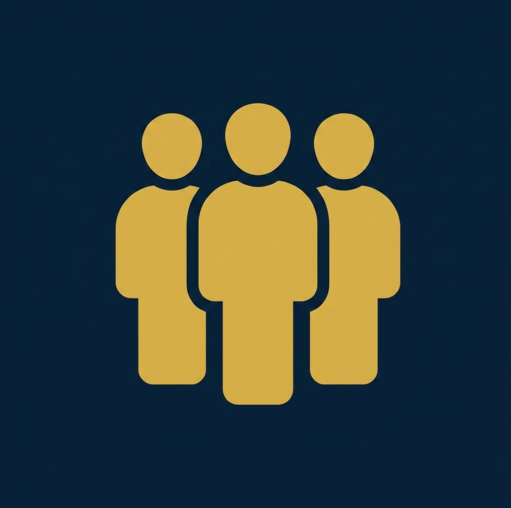 Golden emblem with three abstract human figures inside a circle symbolizing community and togetherness