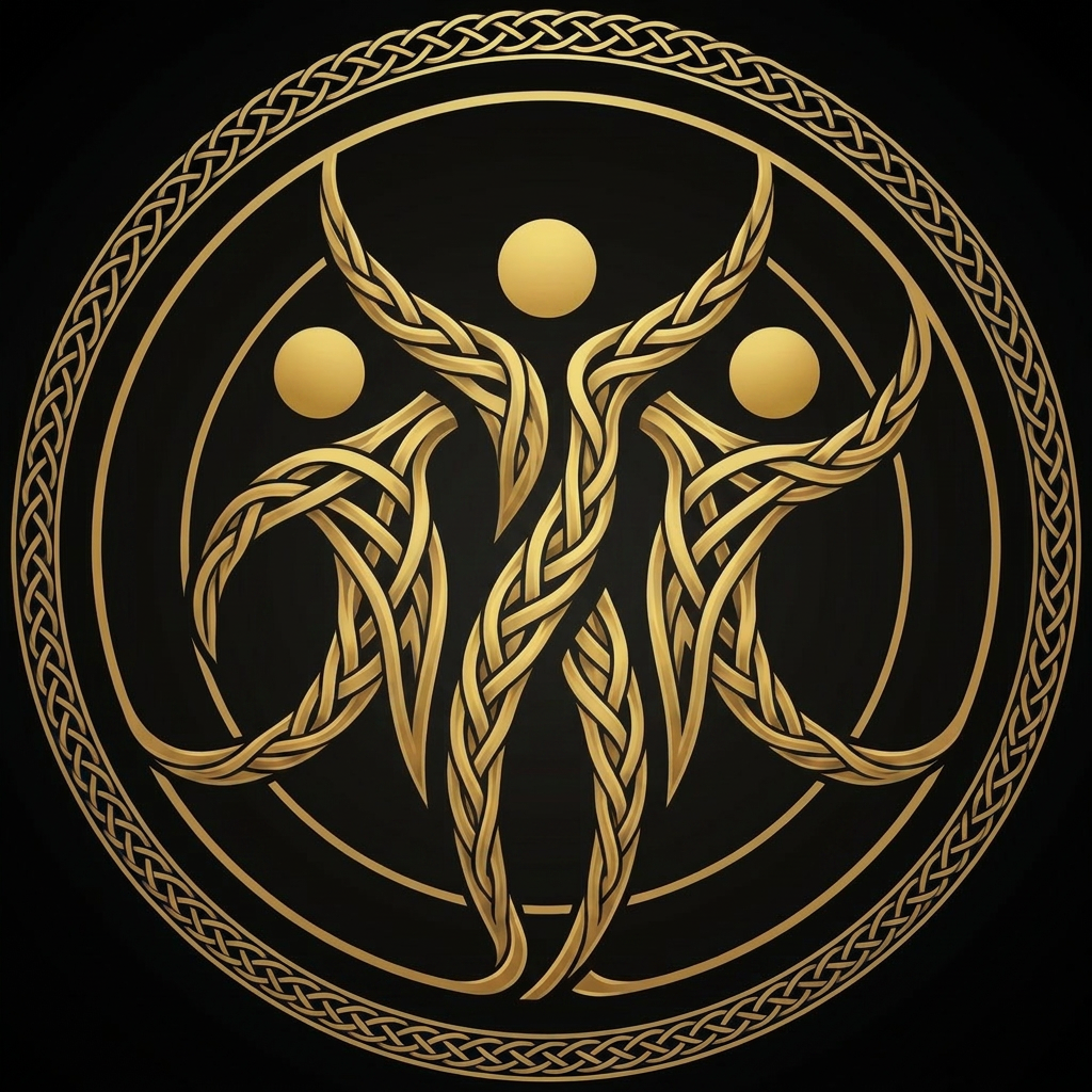 Golden emblem with three abstract human figures inside a circle symbolizing community and togetherness