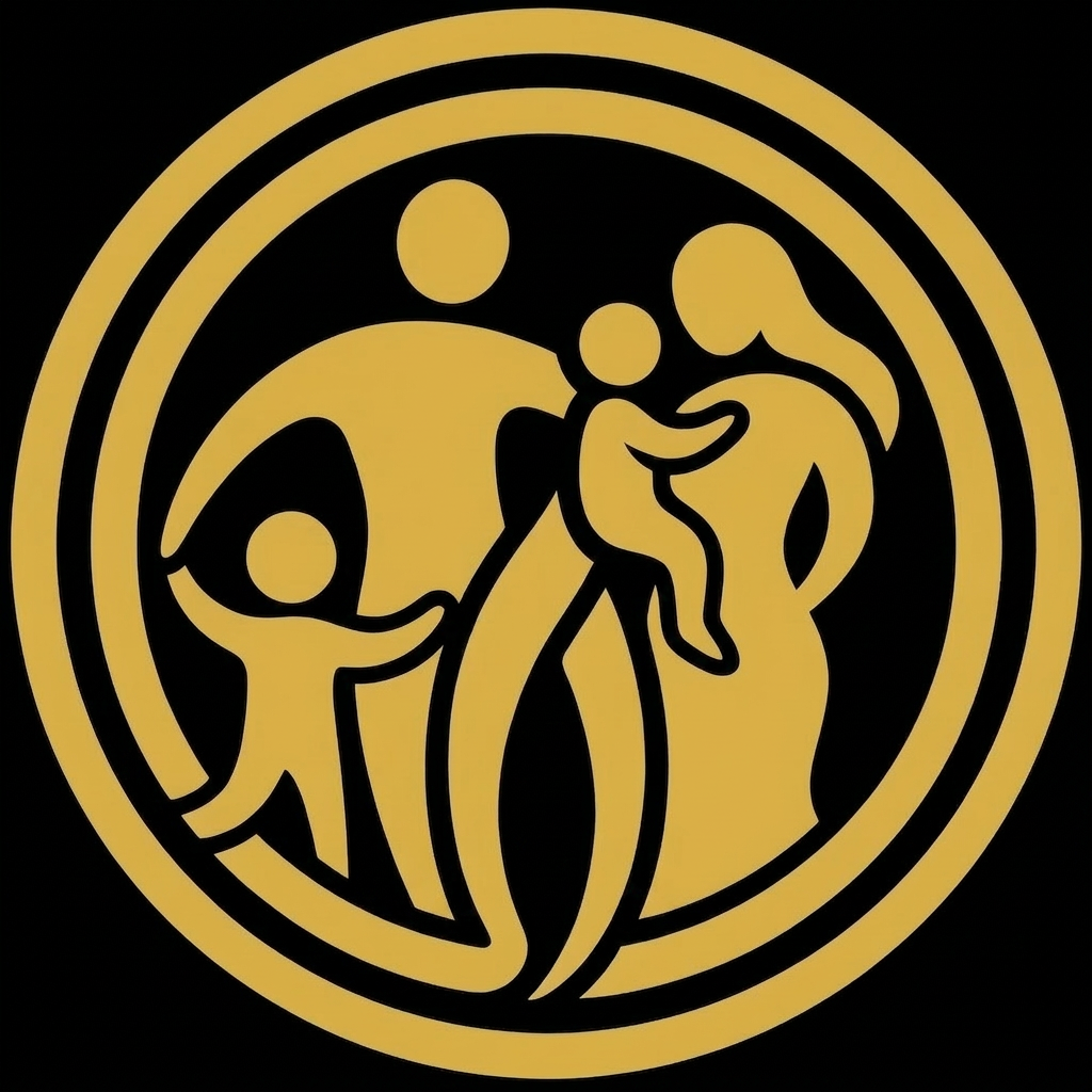 Stylized icon of a family with two adults and two children in a circular emblem